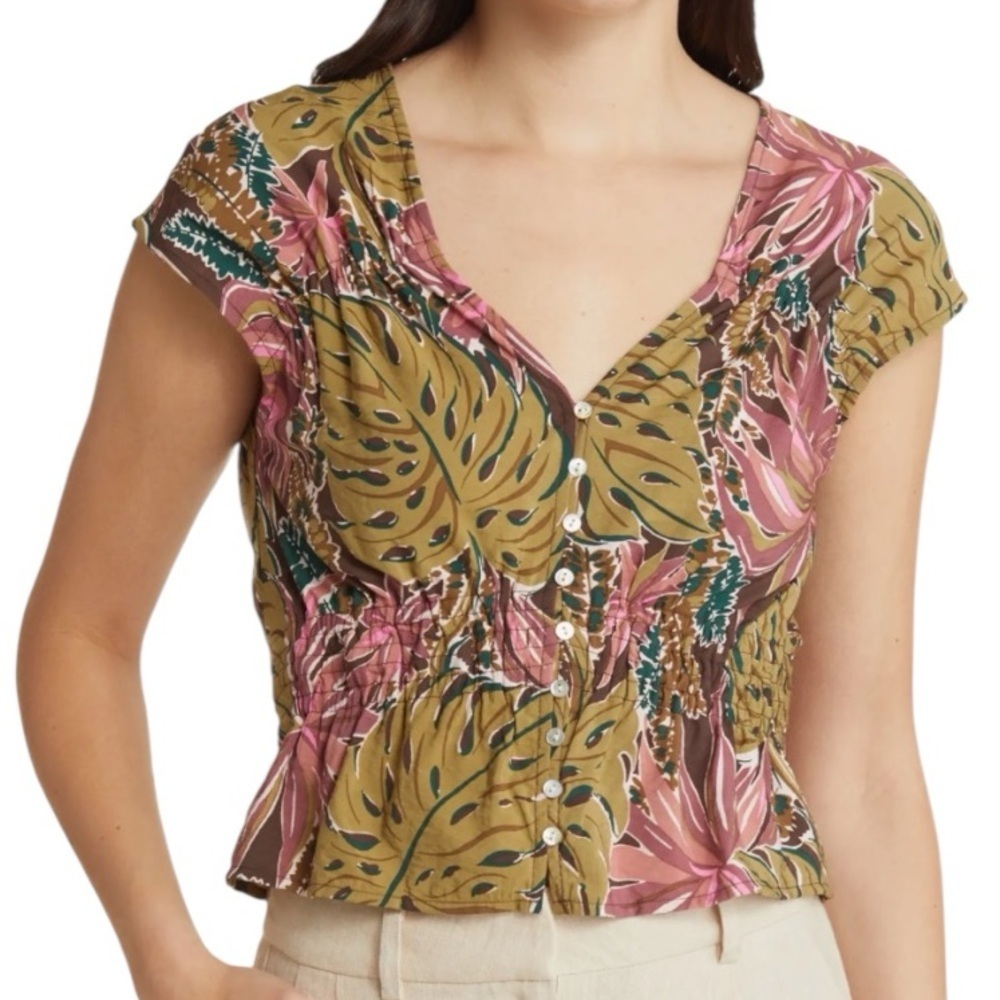 NEW Madewell Linen Blend Monstera Leaf Tropical V-Neck Top Women’s Size XS